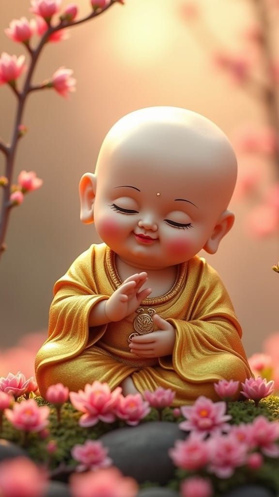 Surreal Child Buddha Amidst Lush, Vibrant, Glowing Flowers i...