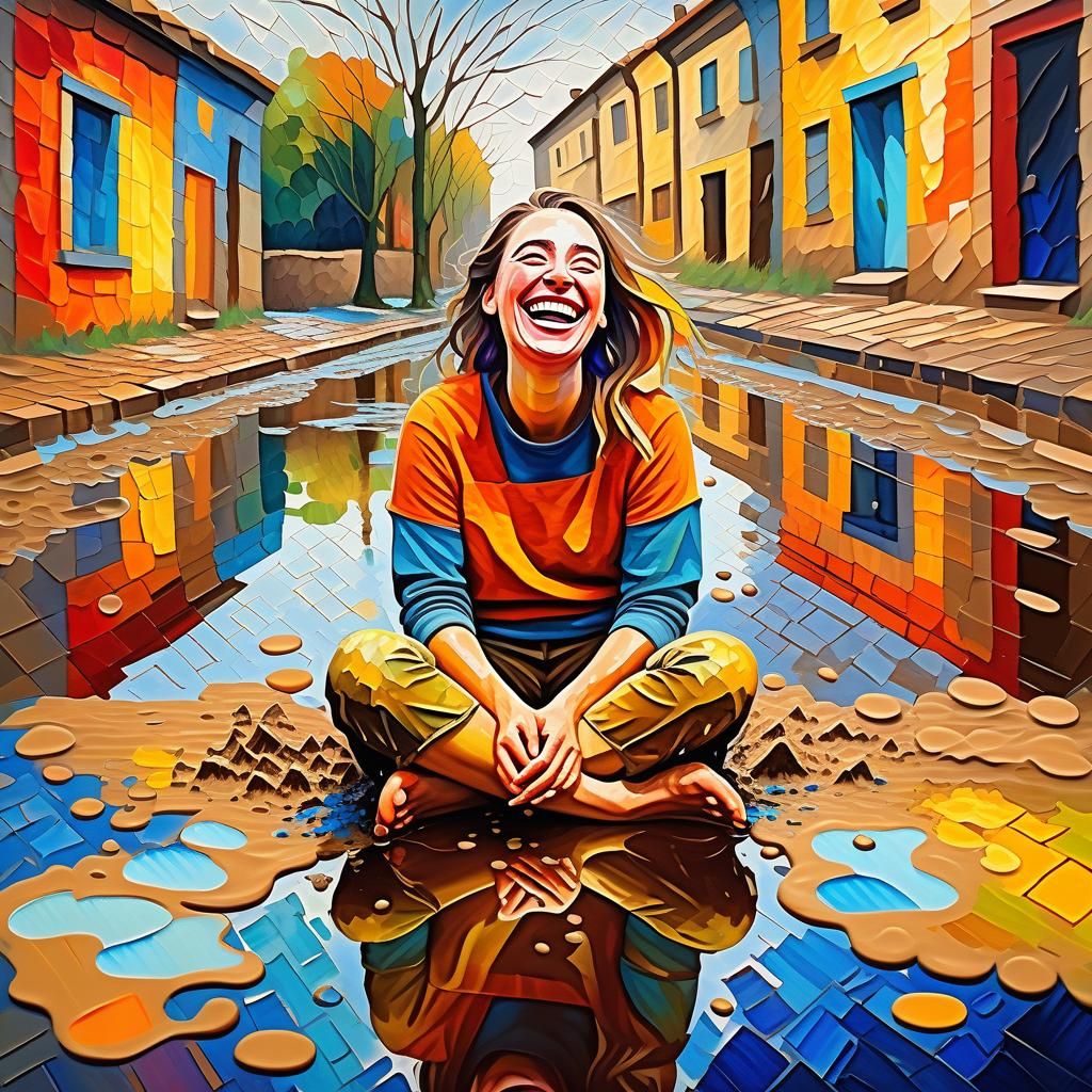 Cubist Girl Revels in Colorful Mud Puddle