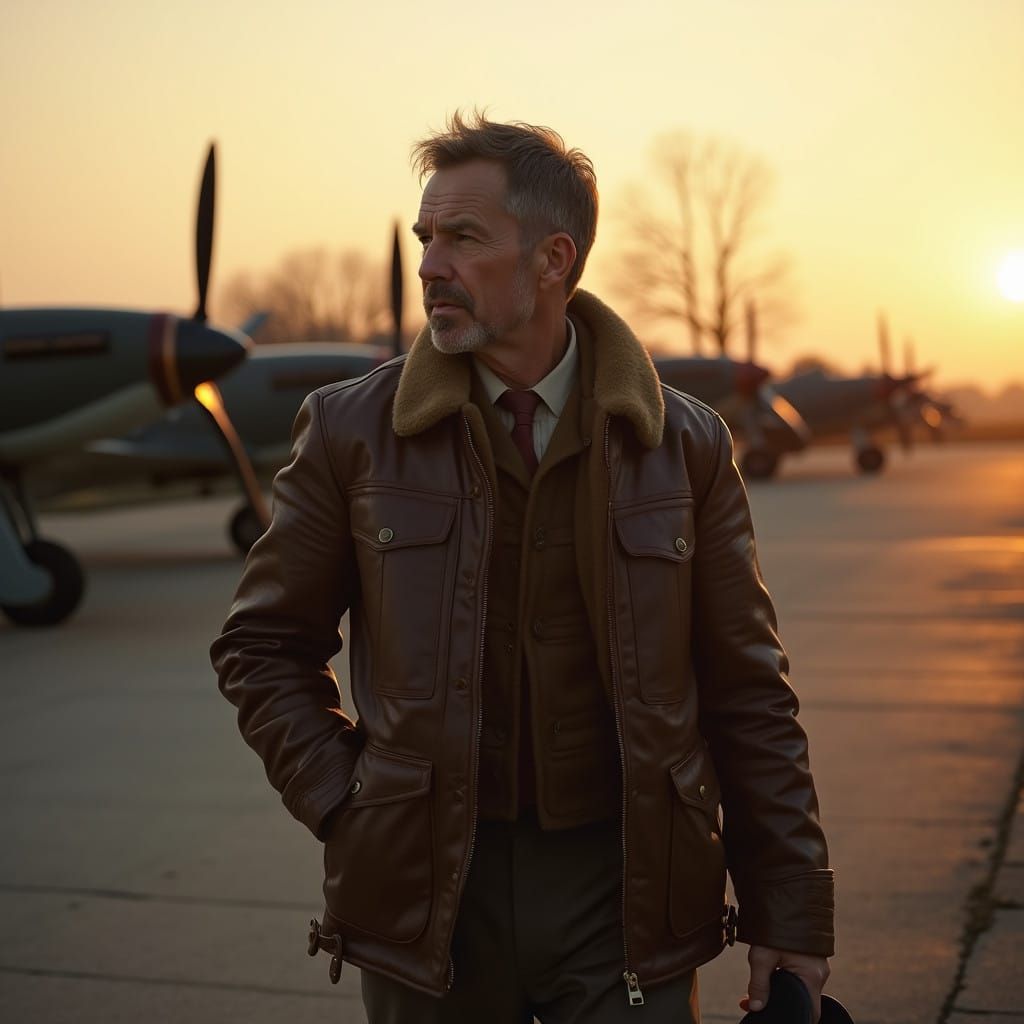 WW2 Pilot's Nostalgic Farewell in Sunset Light