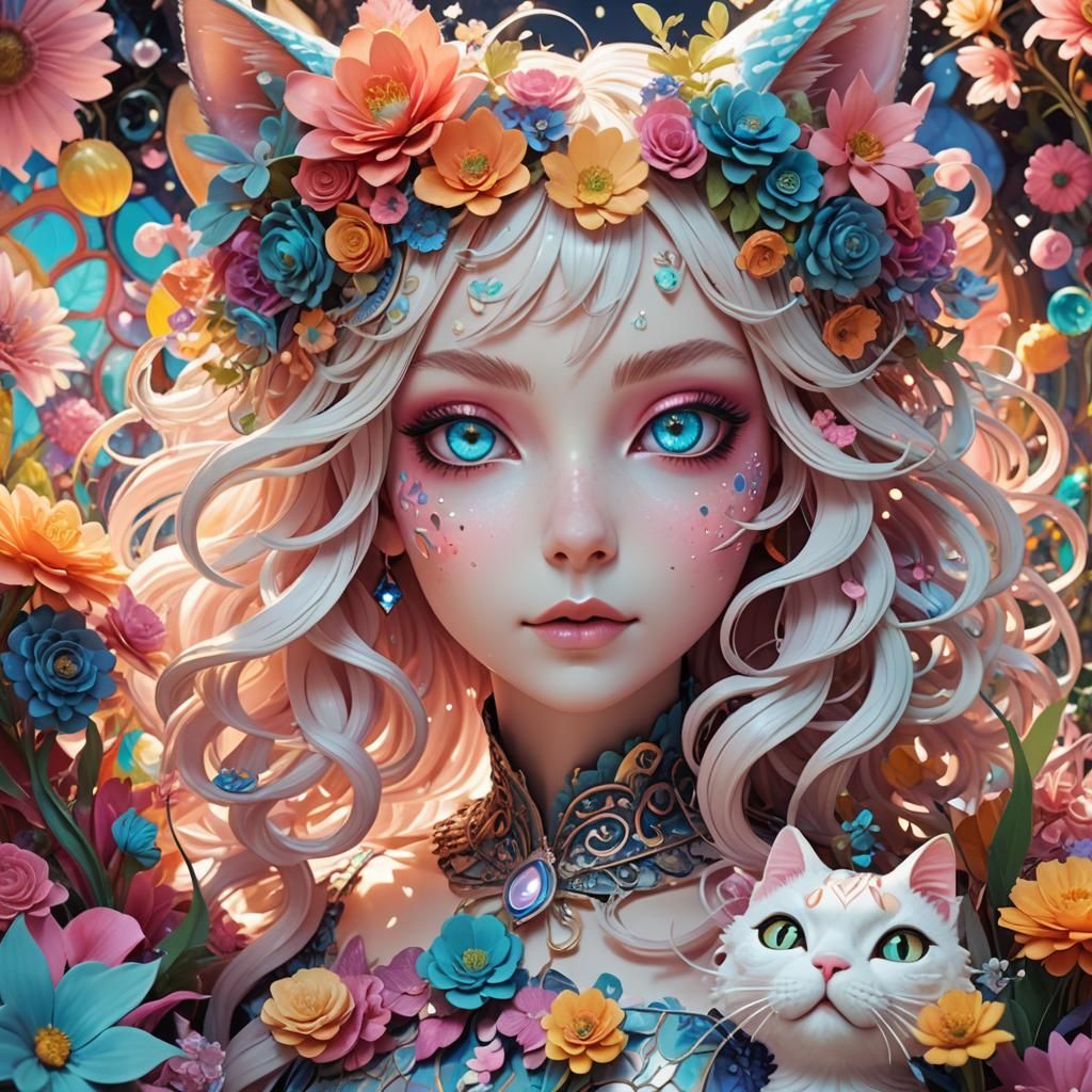 Whimsical Anime Cat Girl in Vibrant Floral Wonderland