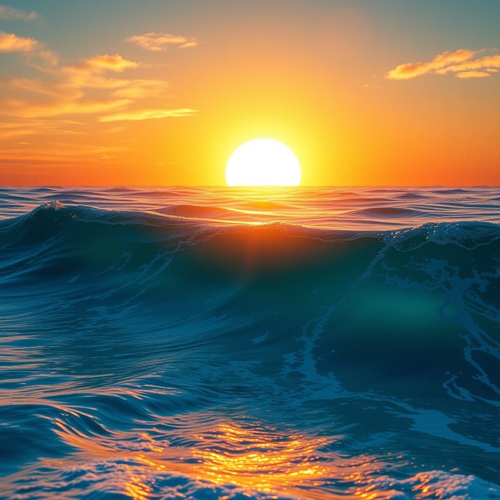 Surreal Sunrise Over Tranquil Ocean in Cyberpunk Futurism