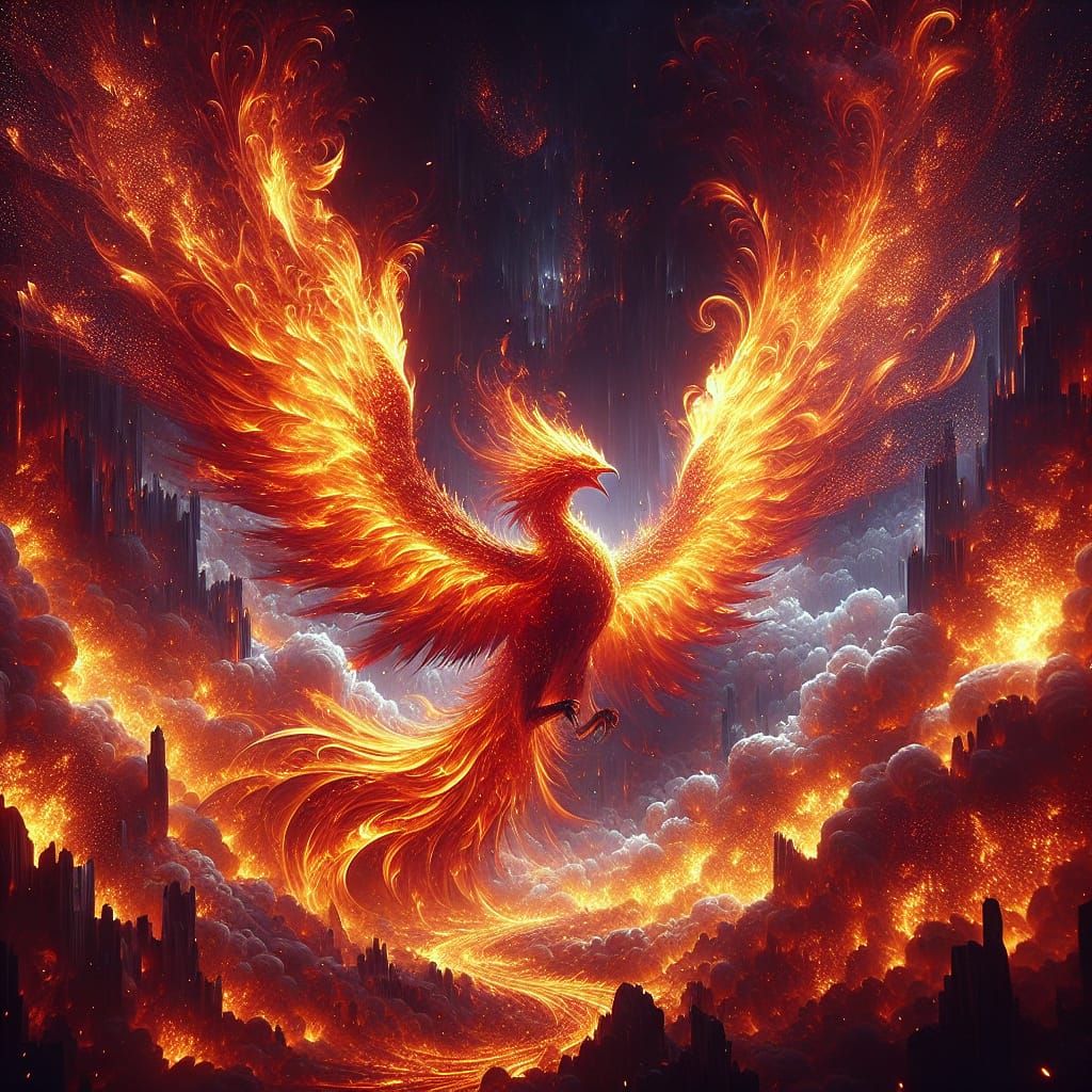 Phoenix Rises from Fiery Inferno in Majestic Digital Paintin...