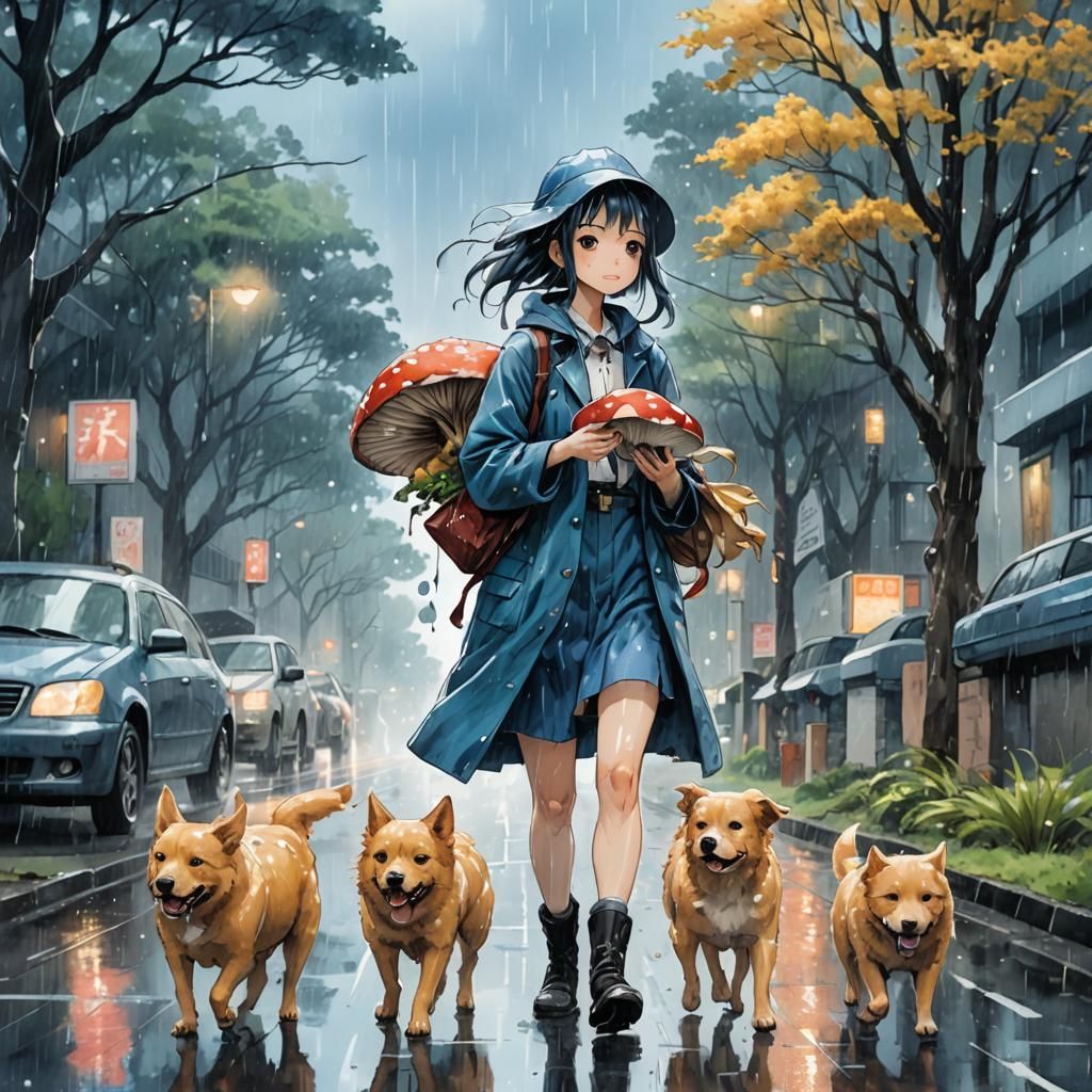 Japanese Girl Holds Mushrooms in the Rain in Anime-Inspired...