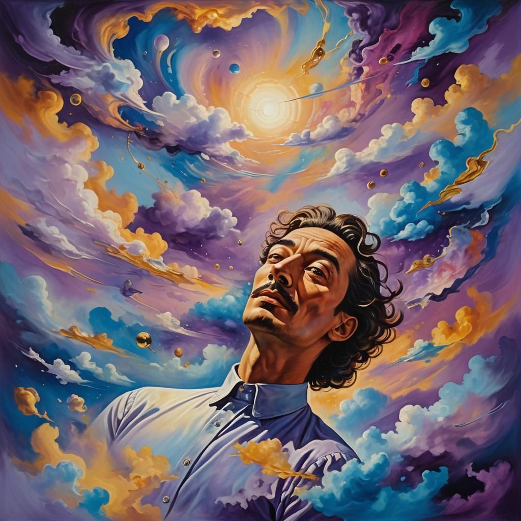 Surreal Oil Painting of a Person Floating in a Dreamlike Sta...
