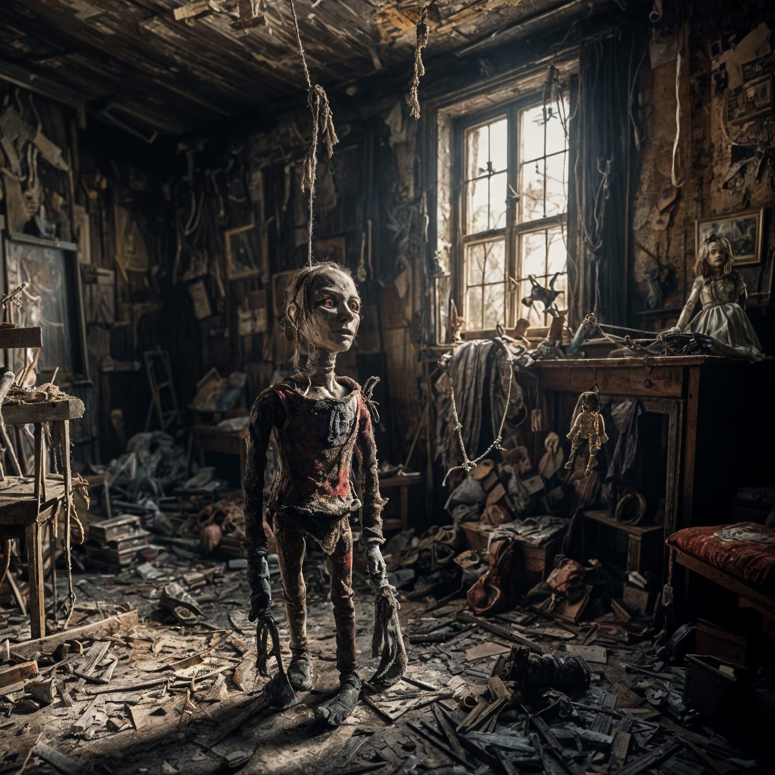 Eerie Marionette Caught in Foreboding Attic Scene