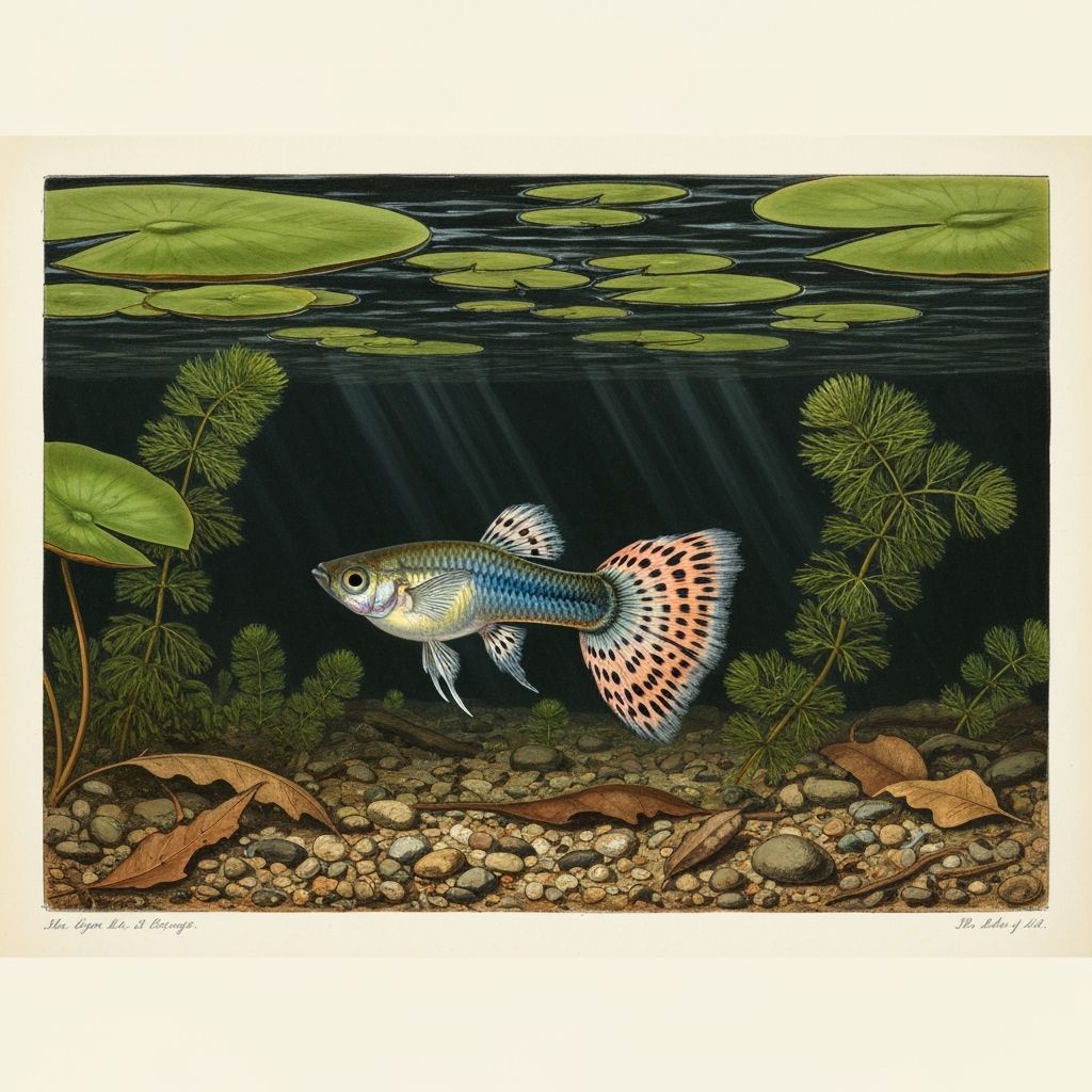 Guppy Fish in Pond, Detailed Scientific Illustration