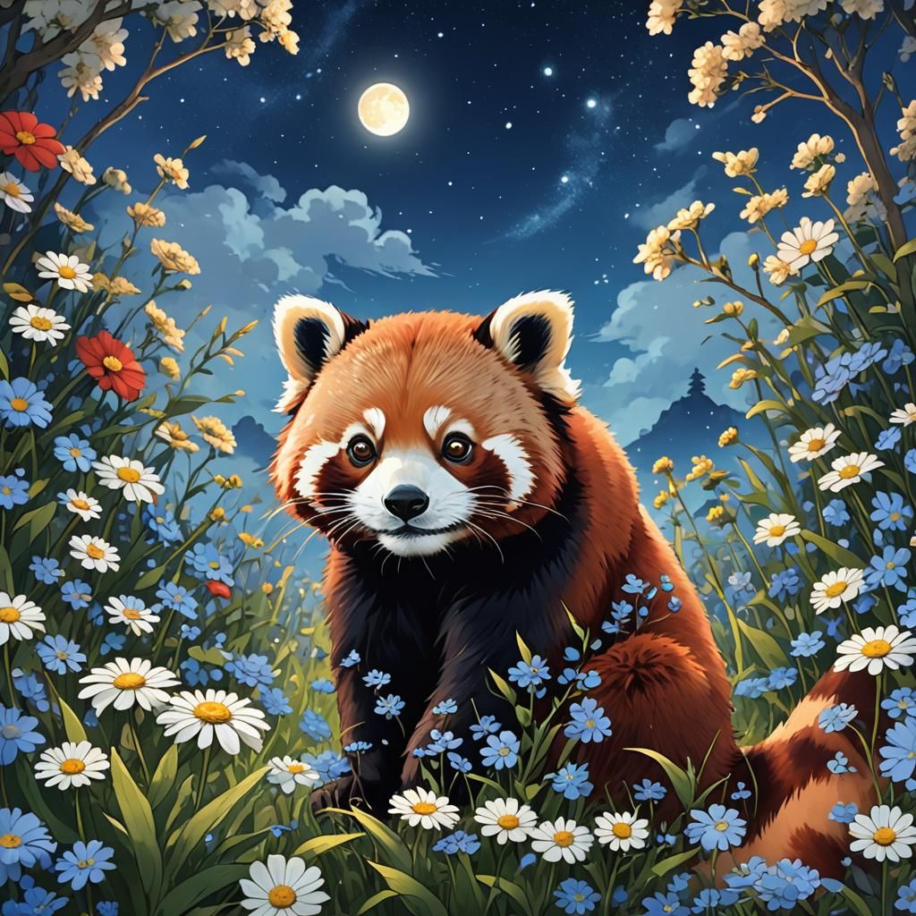Majestic Red Panda Surveys Starry Night Sky