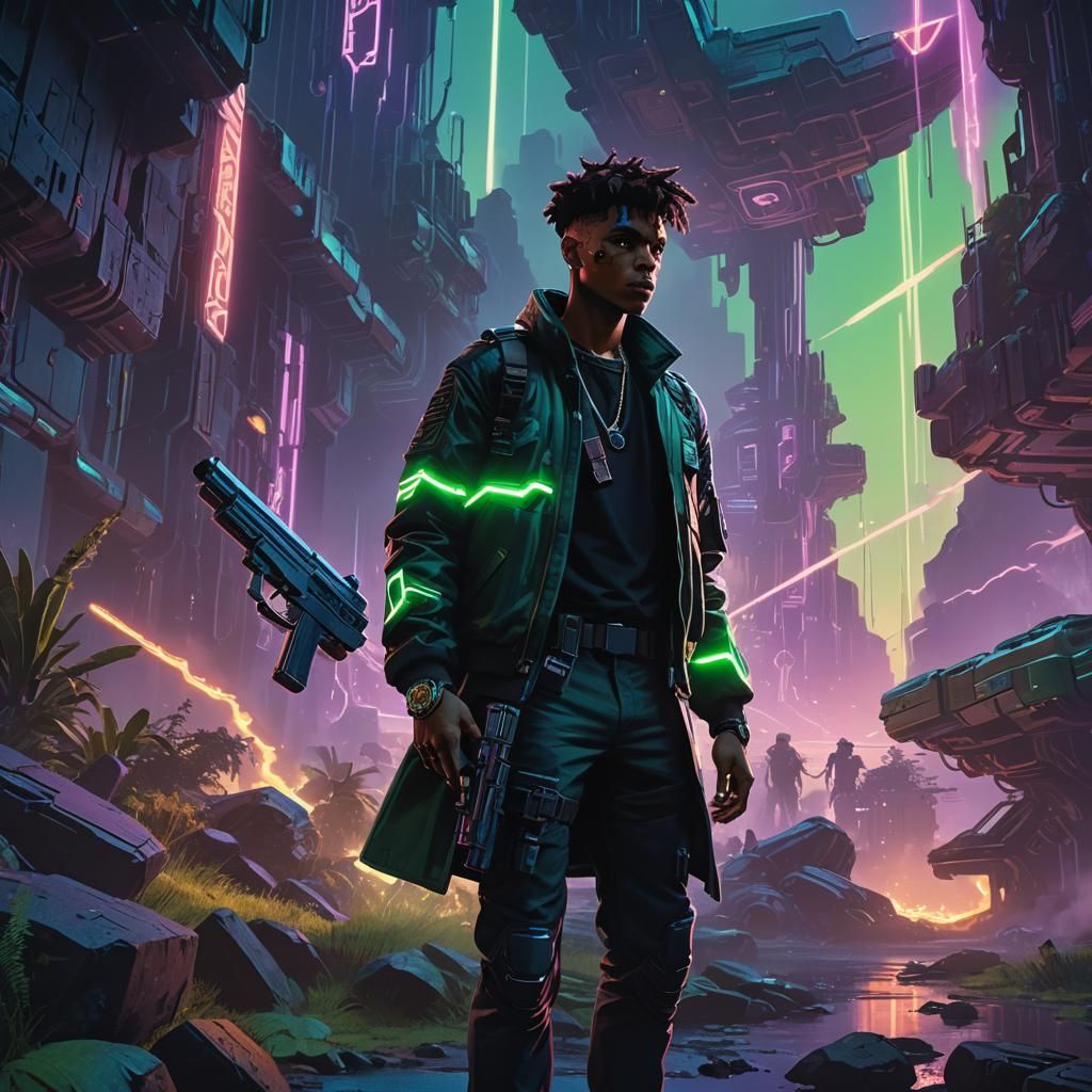 Cyber Fantasy Warrior with Glowing Gun in Iridescent Realm