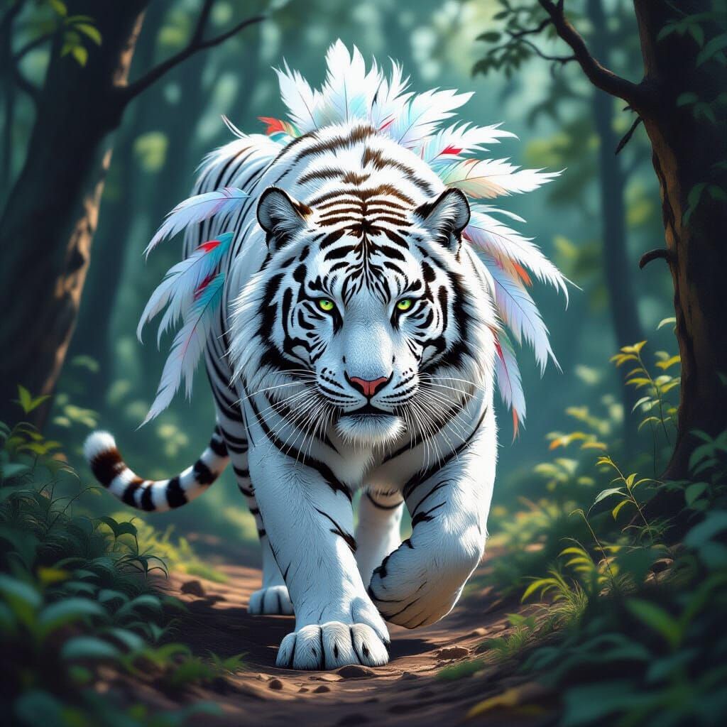 White Tiger with Peacock Feathers in Magical Forest