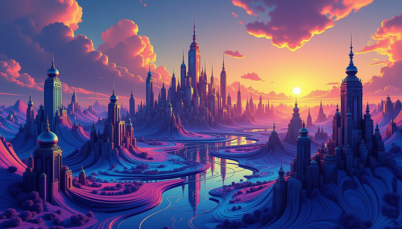 Psychedelic Fractal Cityscape in Rainbow Chrome