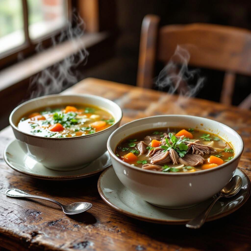 Realistic Illustration of Two Plates of Steaming Soup