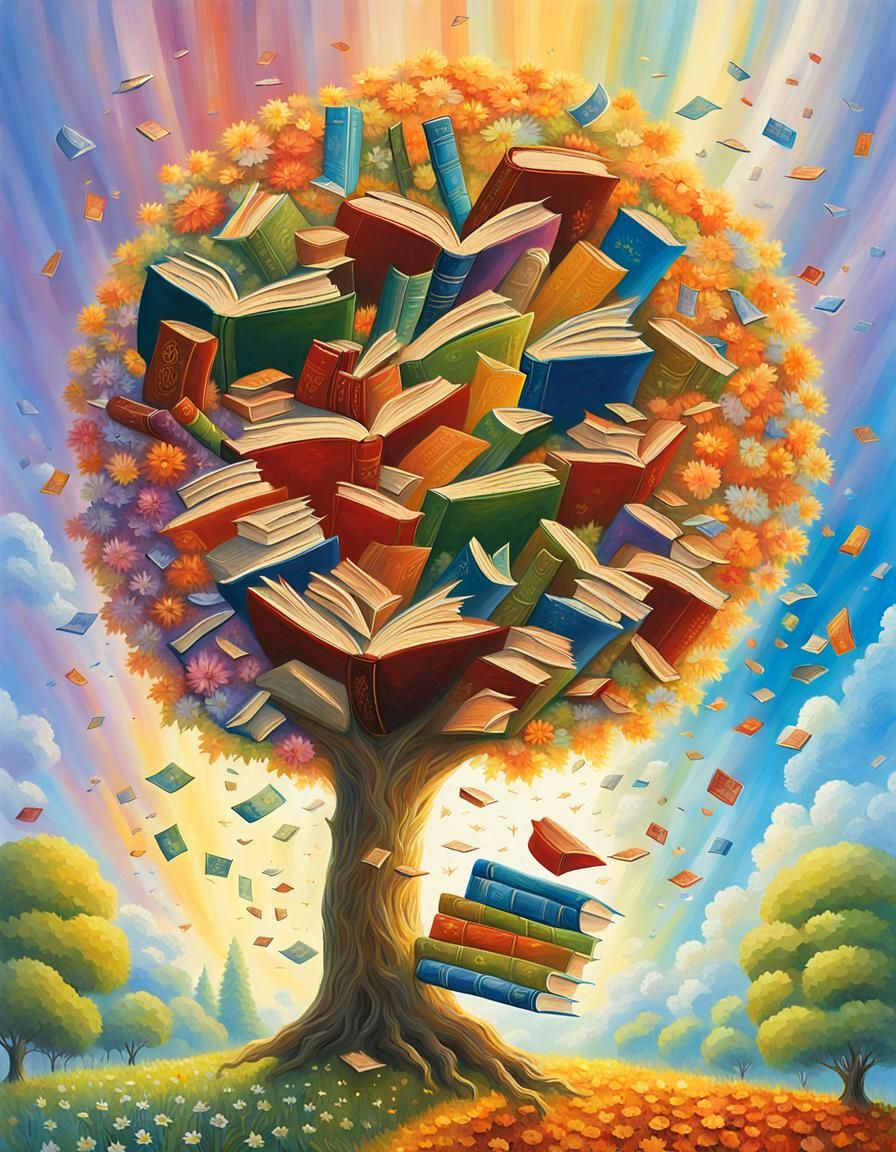 Vibrant Impressionist Masterpiece of Falling Books and Flowe...