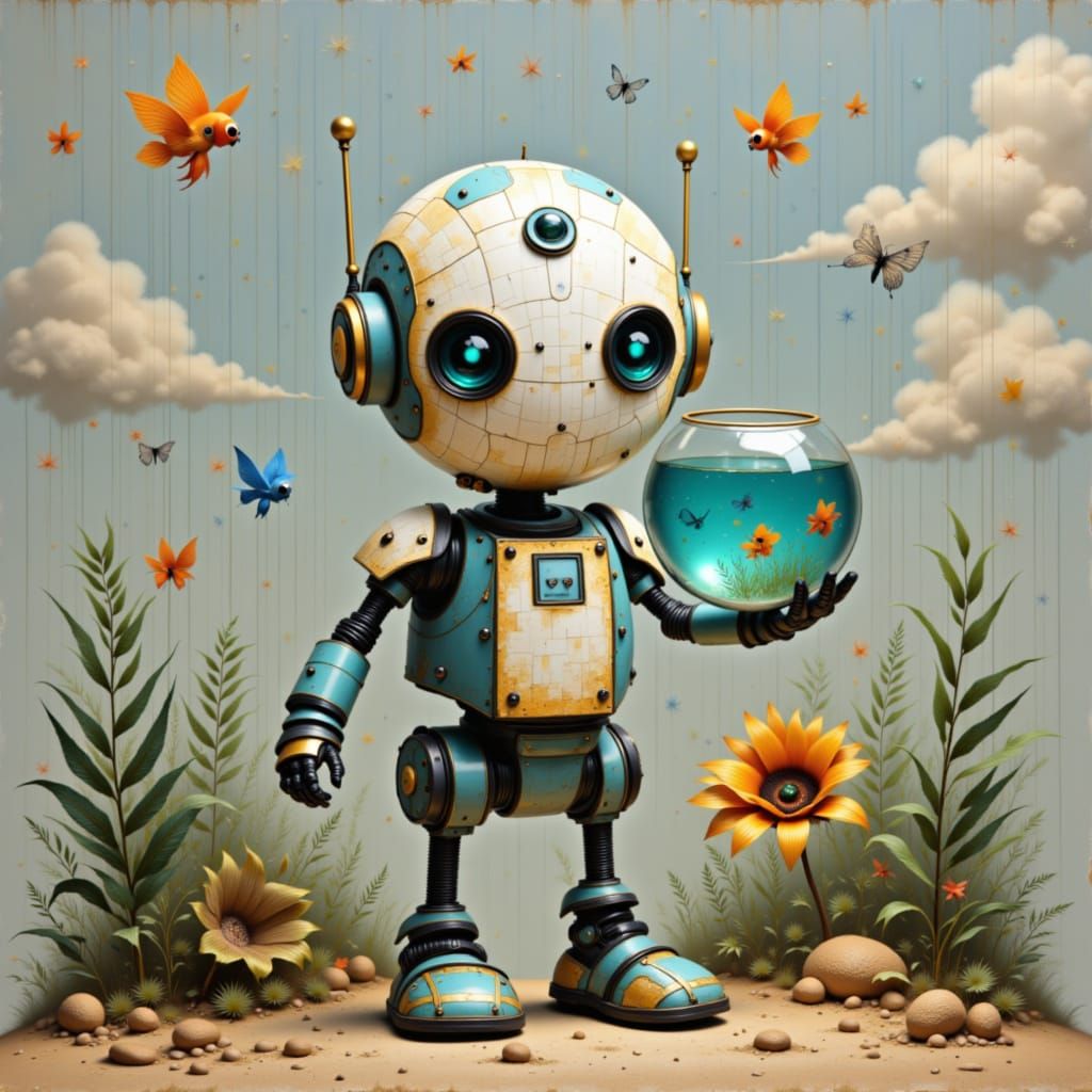 Cute Robot Holding a Fishbowl with Colorful Hope