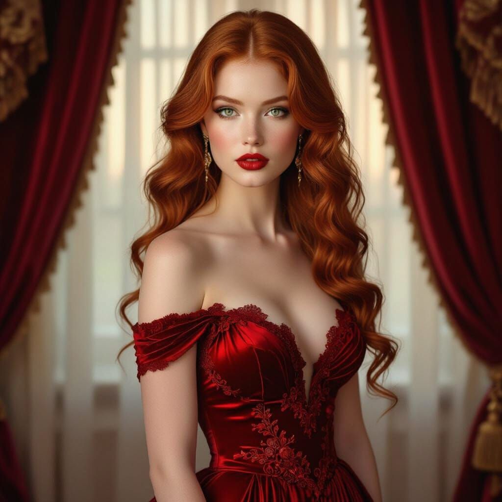 Elegant Woman in Scarlet Gown in Lavish Boudoir
