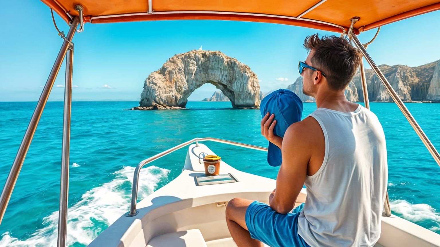 Man on Boat Gazing at El Arco de Cabo San Lucas