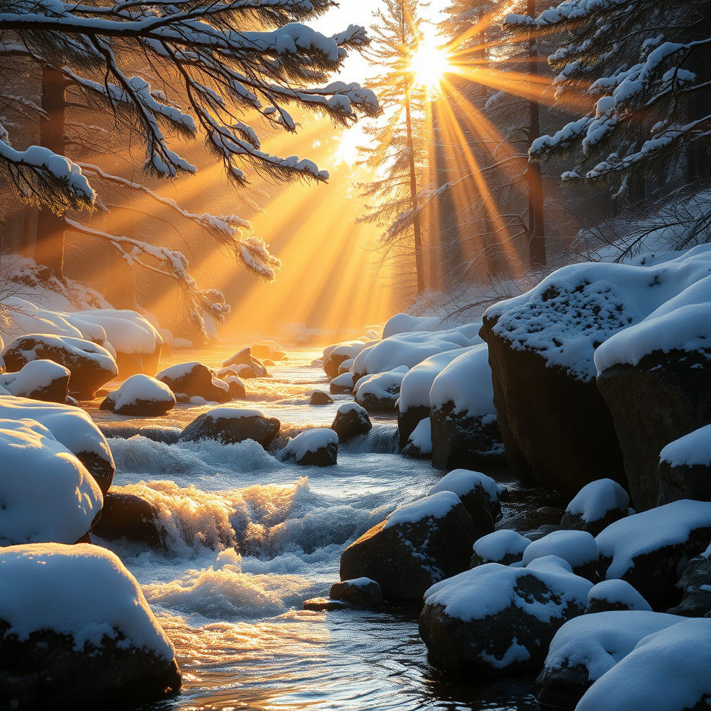 Winter River Scene in Golden Light