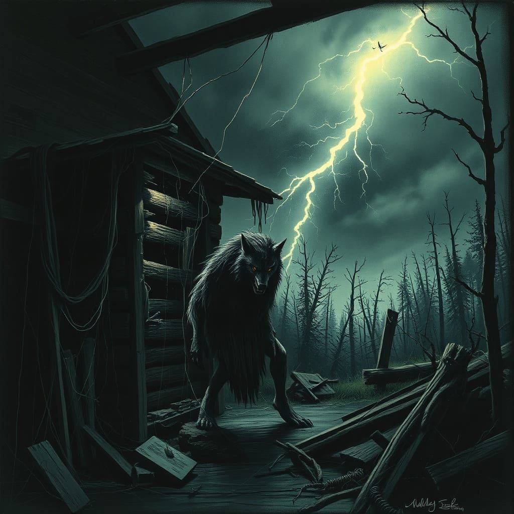 Werewolf in a Haunted Cabin Under Lightning Storm