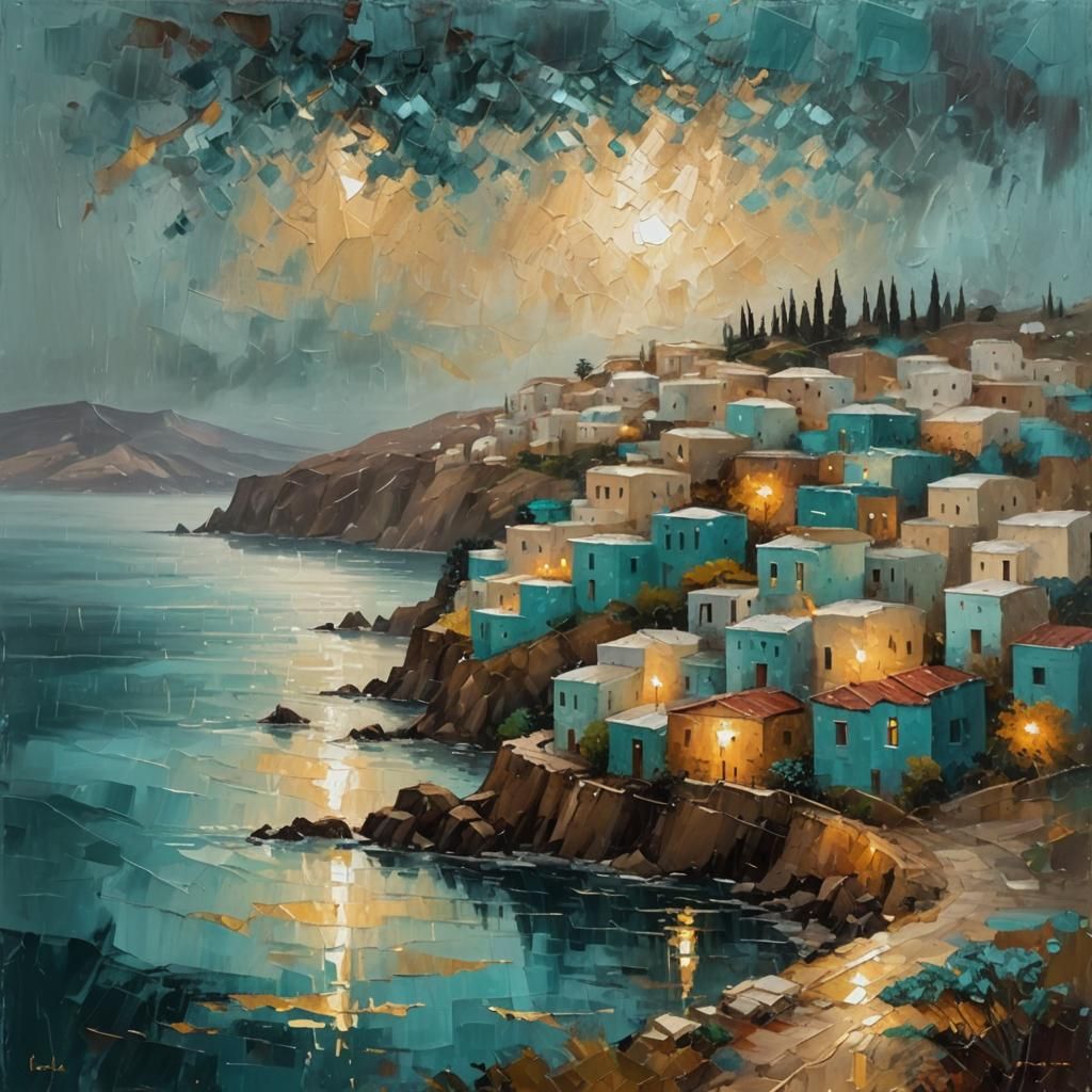 Greek Village Shines in Rainy Evening Light