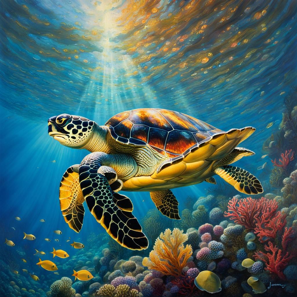 Realistic Ocean Scene with Giant Turtle