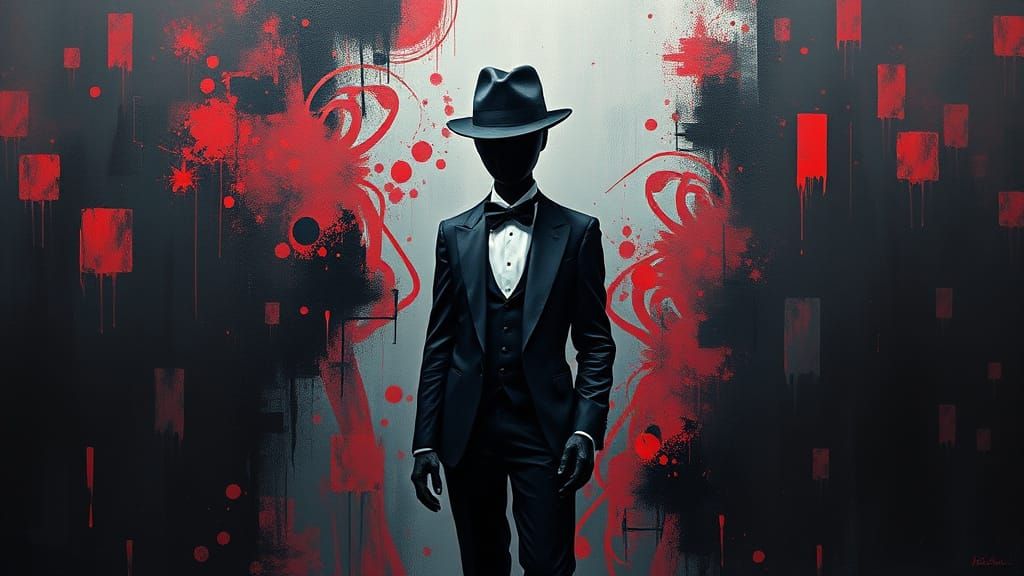 Surreal Tuxedoed Figure in Moody, High-Contrast Landscape wi...