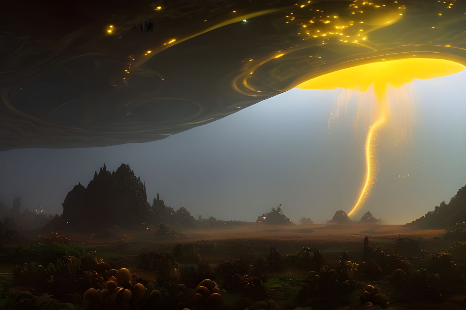 Cyberpunk-Futuristic Craft Hovering Above Golden Cornfields...