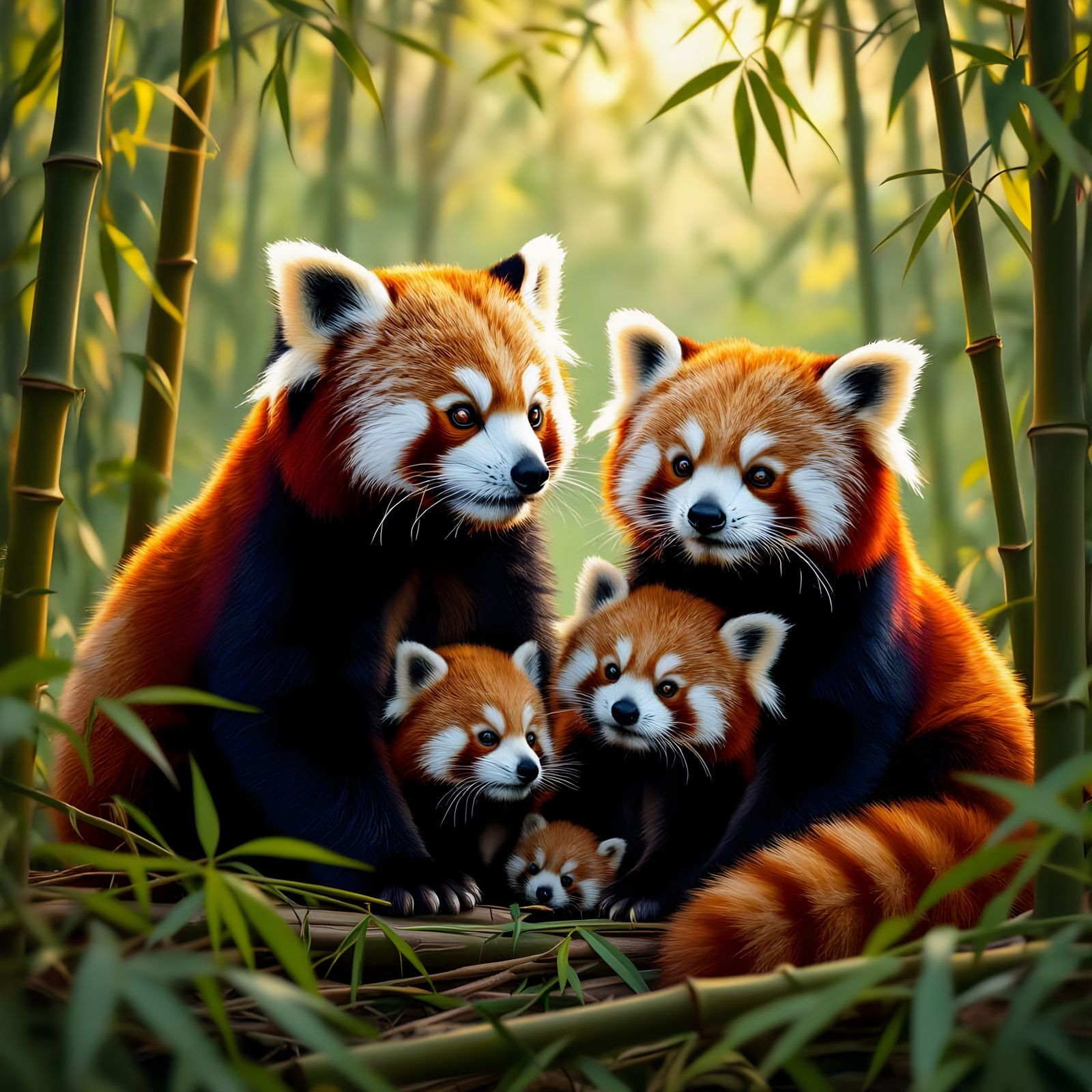 Photorealistic Red Panda Family in Himalayan Bamboo Forest