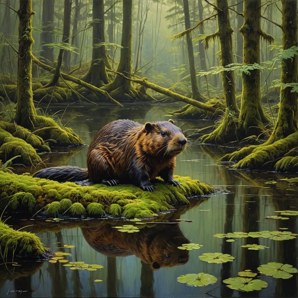 Beaver in a Tranquil Mossy Lake Scene