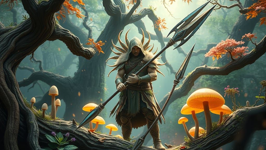 Ethereal Warrior in Lush Forest, Natural Armory, Living Atti...