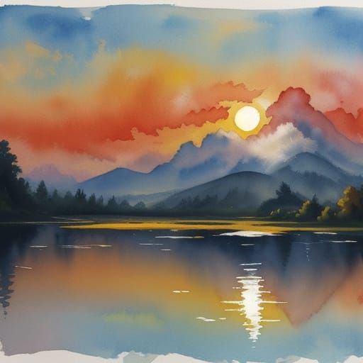 Impressionist Watercolor Sunrise Over Lake
