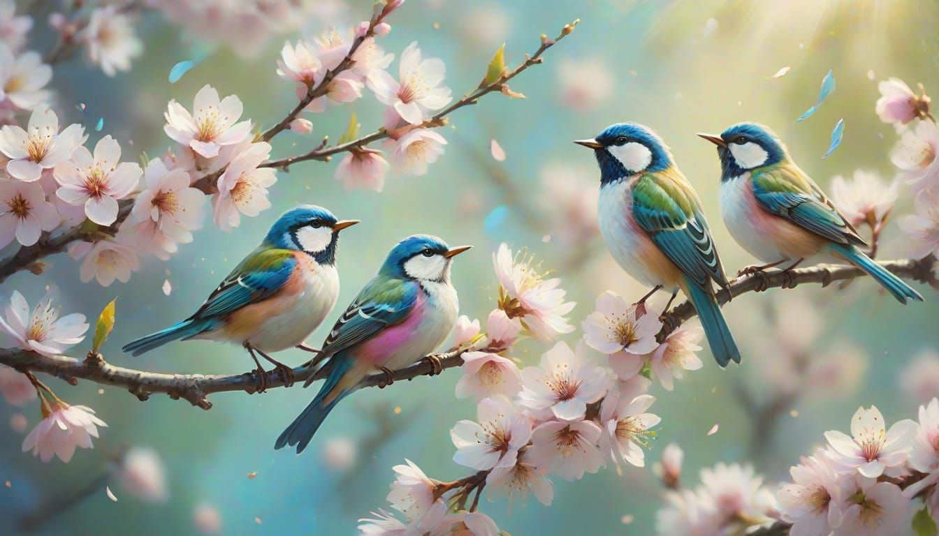 Whimsical Cherry Blossom Songbirds in Vibrant Splash Art