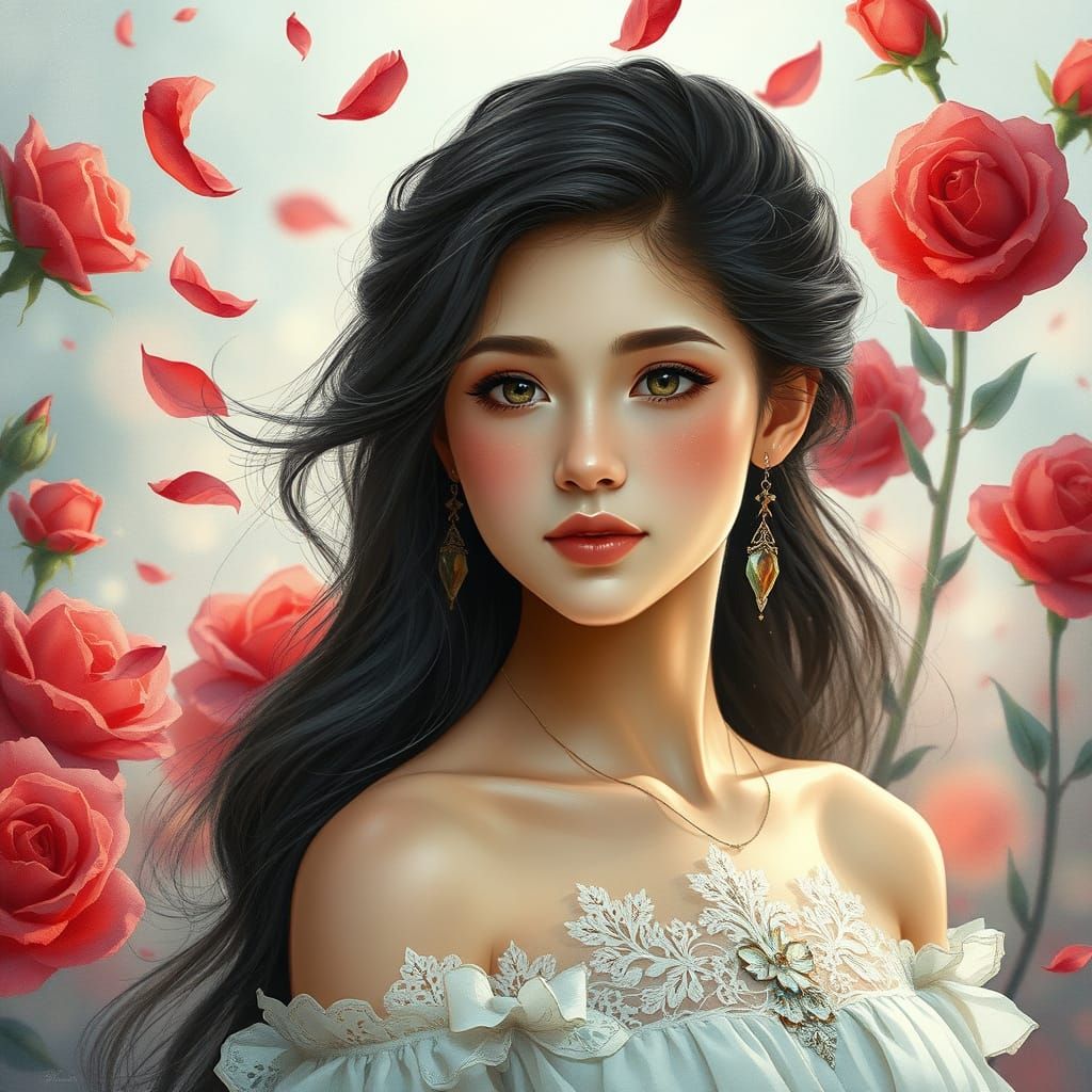 Ethereal Portrait of Woman with Roses in Watercolor Style