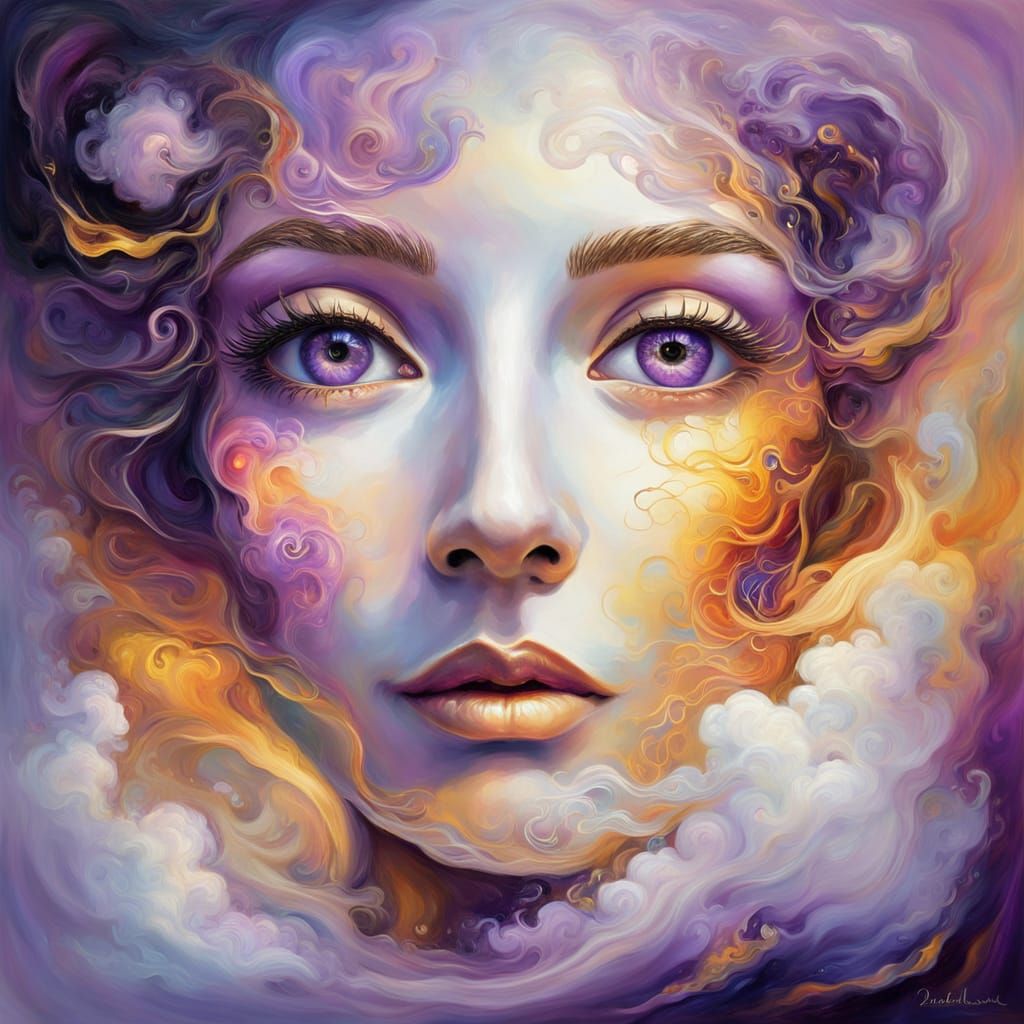 Surreal Face Enveloped in Glowing Light Oil Painting
