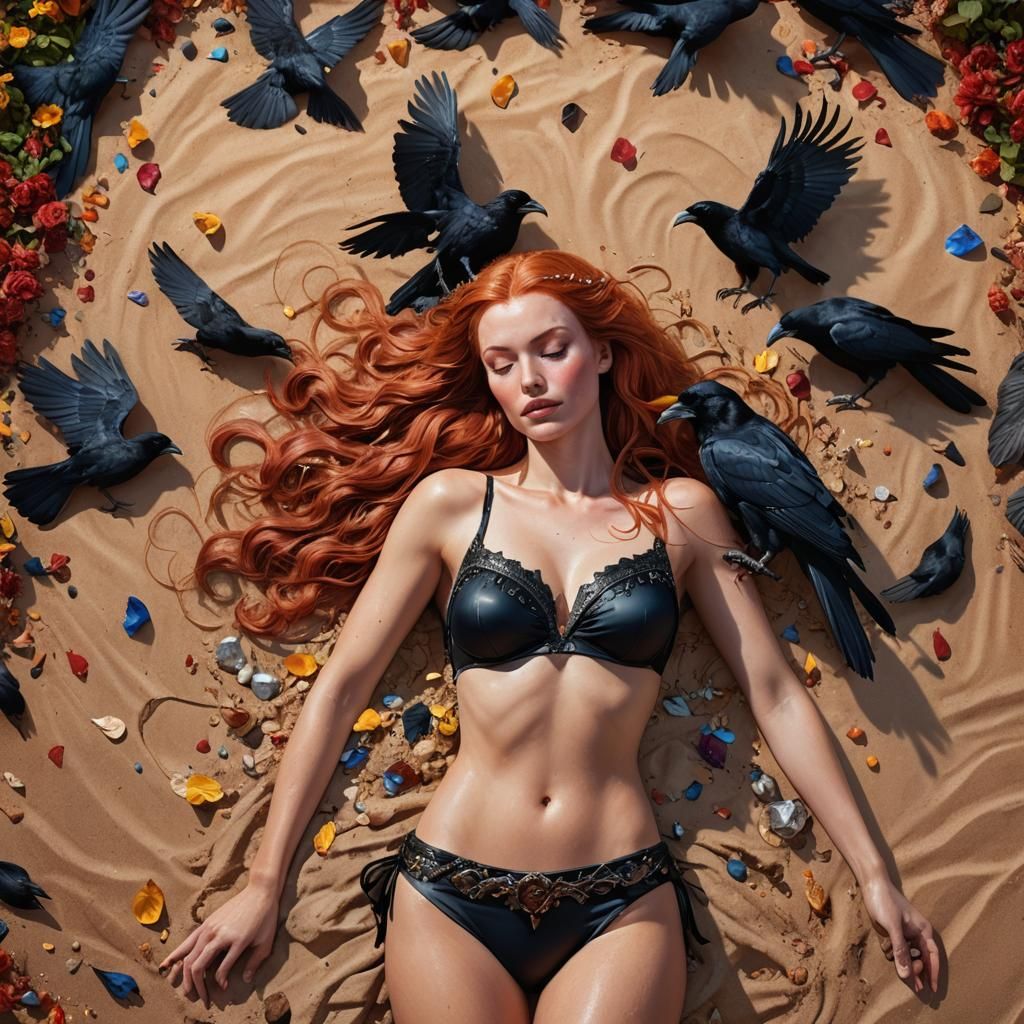 Sleeping Beauty in Vibrant Bikini with Raven