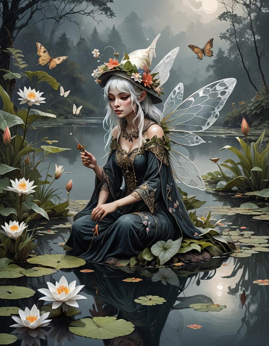 Ethereal Fairy Sits on a Lully Leaf Amidst a Mystical Lake i...