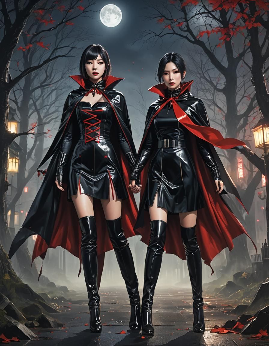 Japanese Women Vampires Hunting at Night, Detailed Matte Pai...