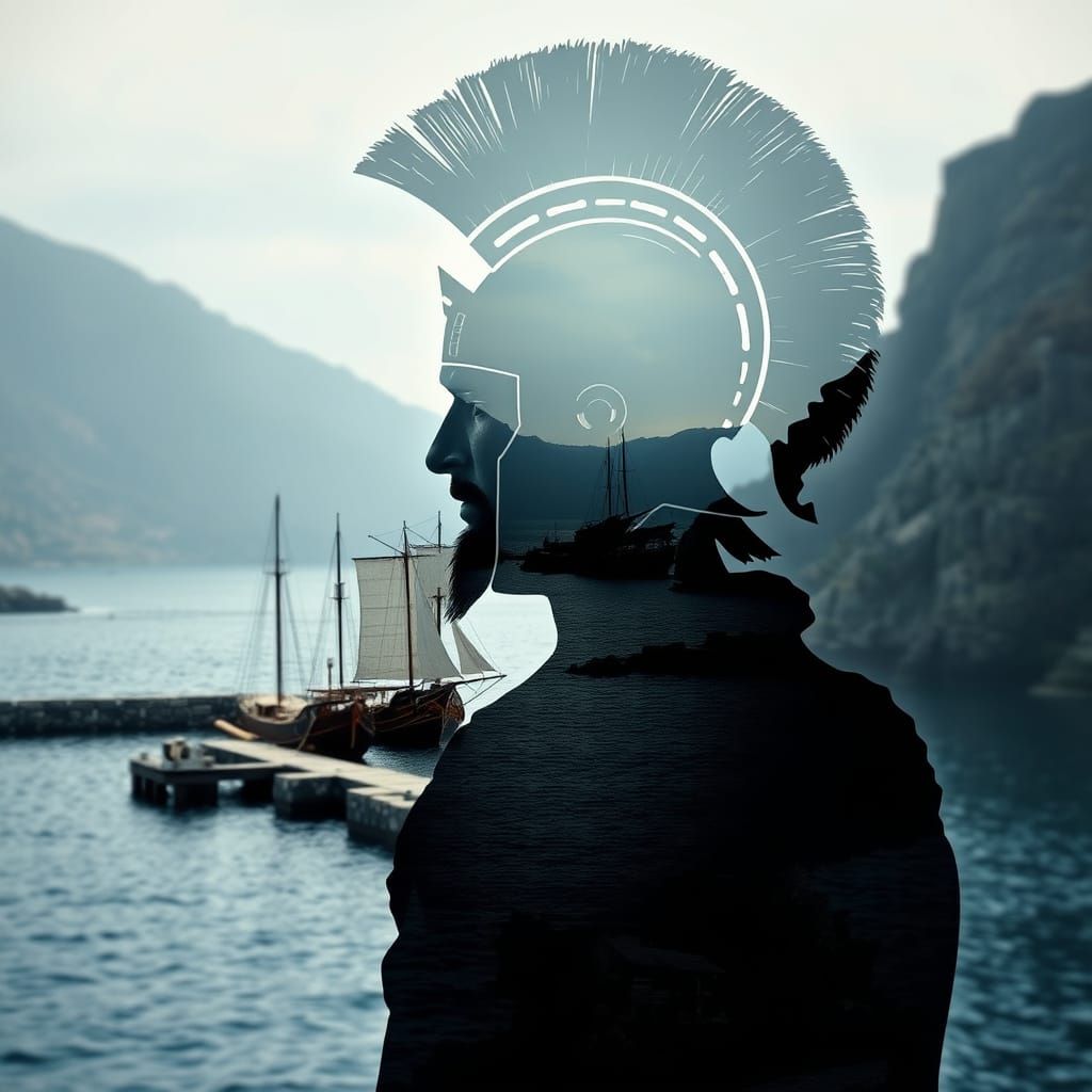 Double exposure artwork showing the silhouette of a Greek wa...