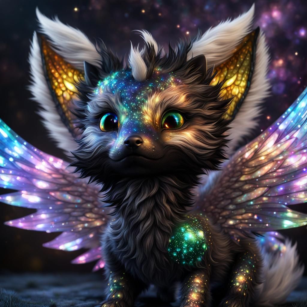 Winged Baby Fox Dragon in Cyberpunk Aesthetic