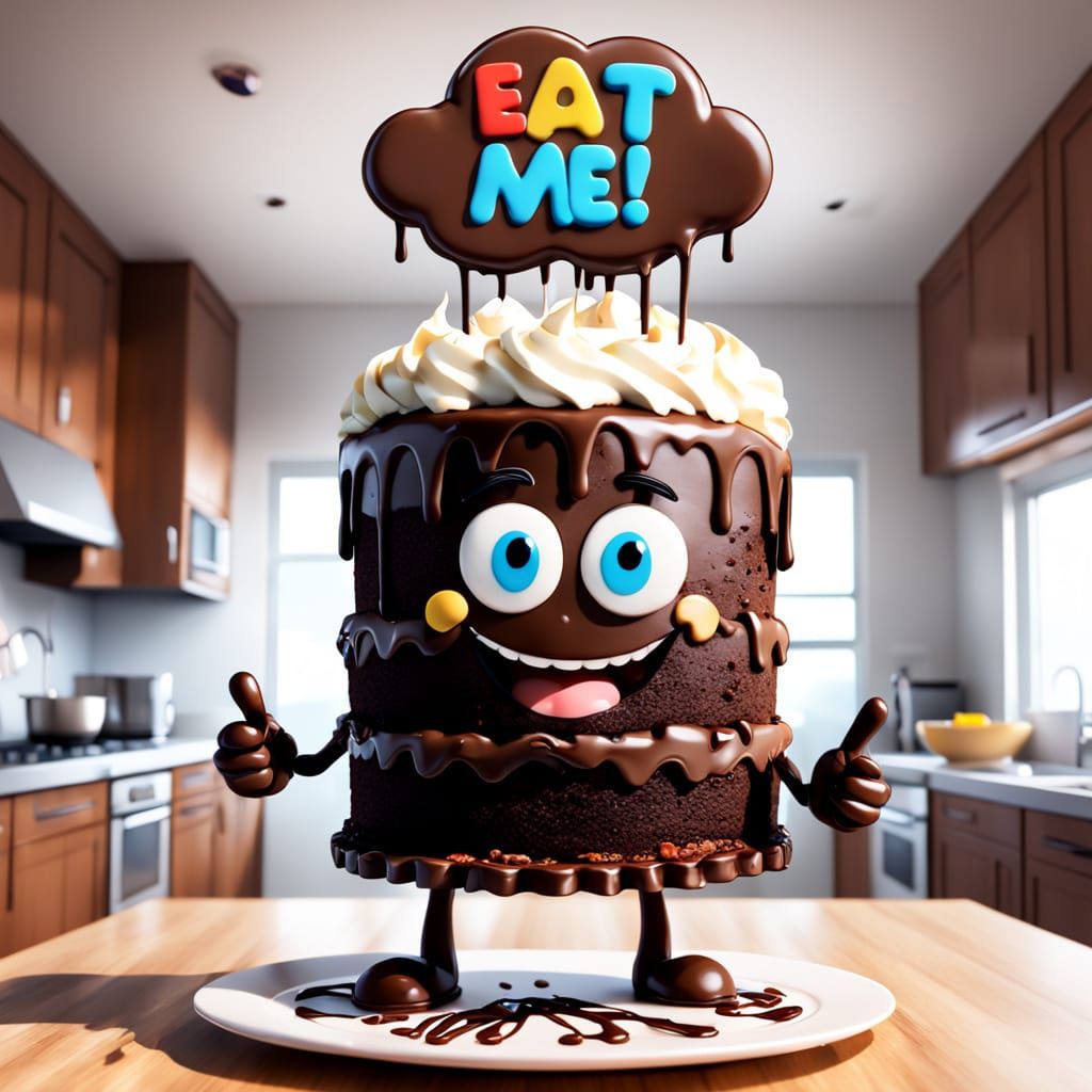 Antropomorphic Chocolate Cake Walks Towards Viewer
