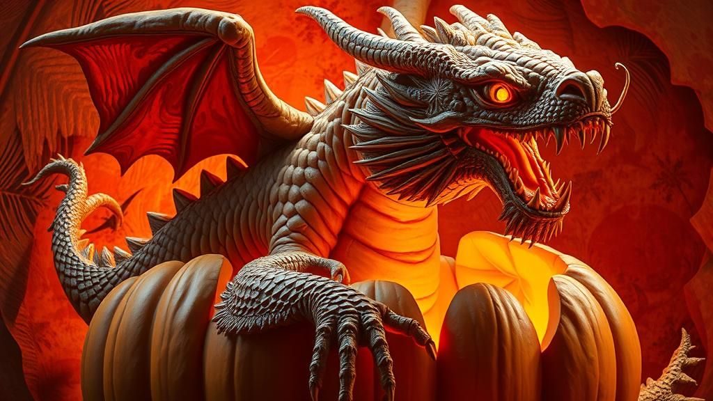 Colossal Dragon Carved in Pumpkin, Hyperrealistic Concept Ar...