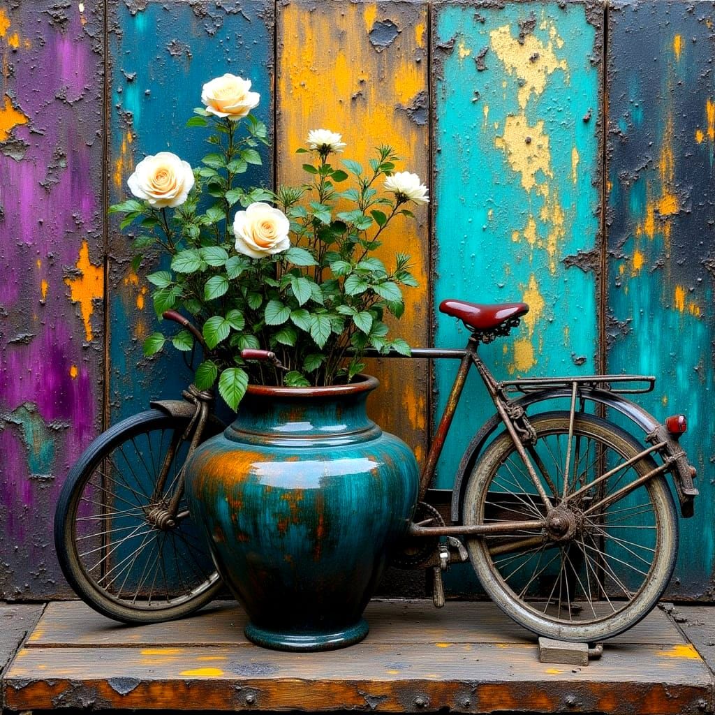 Vibrant Rustic Landscape with a Climbing Rose and Vintage Bi...