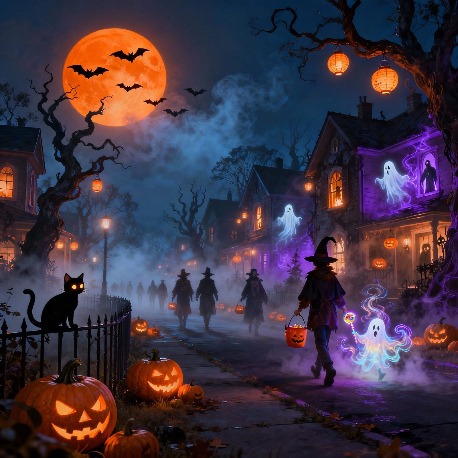 Spooky Halloween Night: Eerie Costumes on Foggy Street