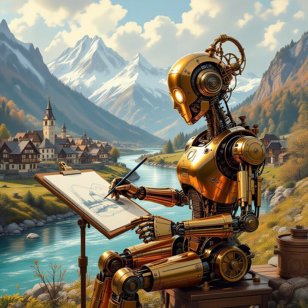 Steampunk Automaton Sketches a Landscape