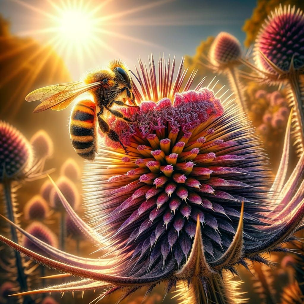 Bee Landing on Teazle Flower in Sunlight