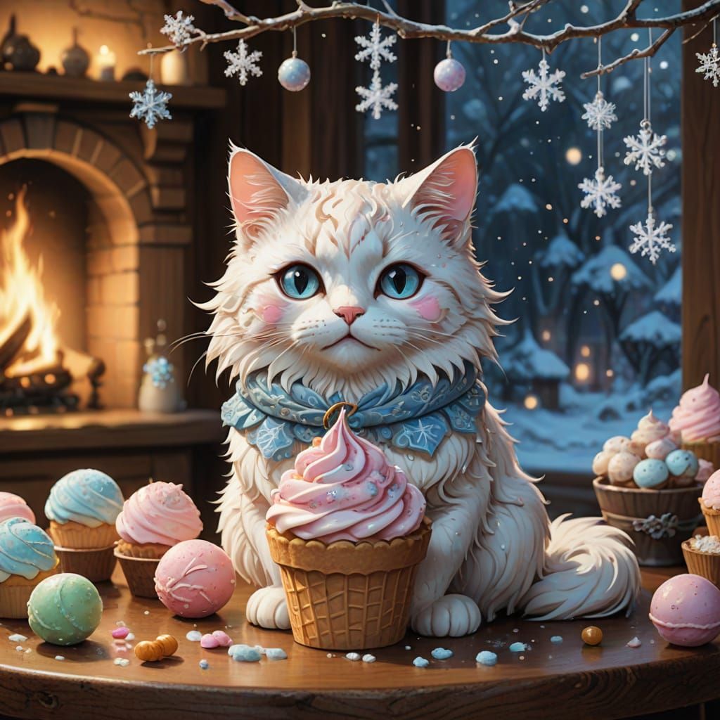Whimsical Ice Cream Cat in a Winter Wonderland Scene