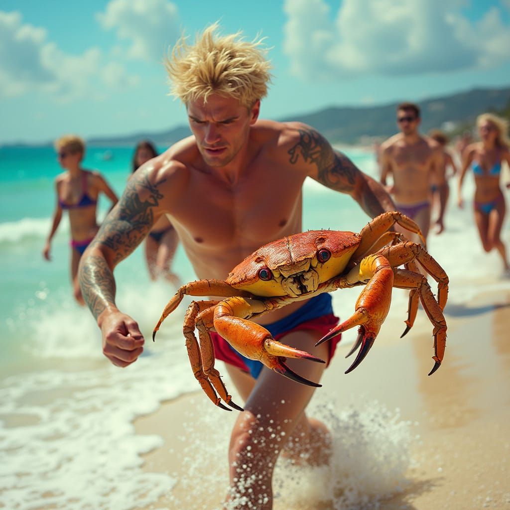 Man Battles Crab on Beach in Hyper-Realistic Photo