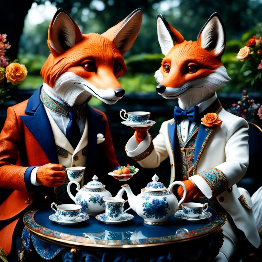 Friendly Foxes in Elegant Garden Setting
