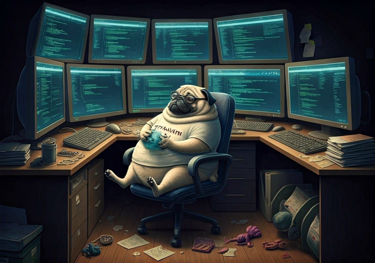 Relaxed IT Pug in Whimsical Office Scene