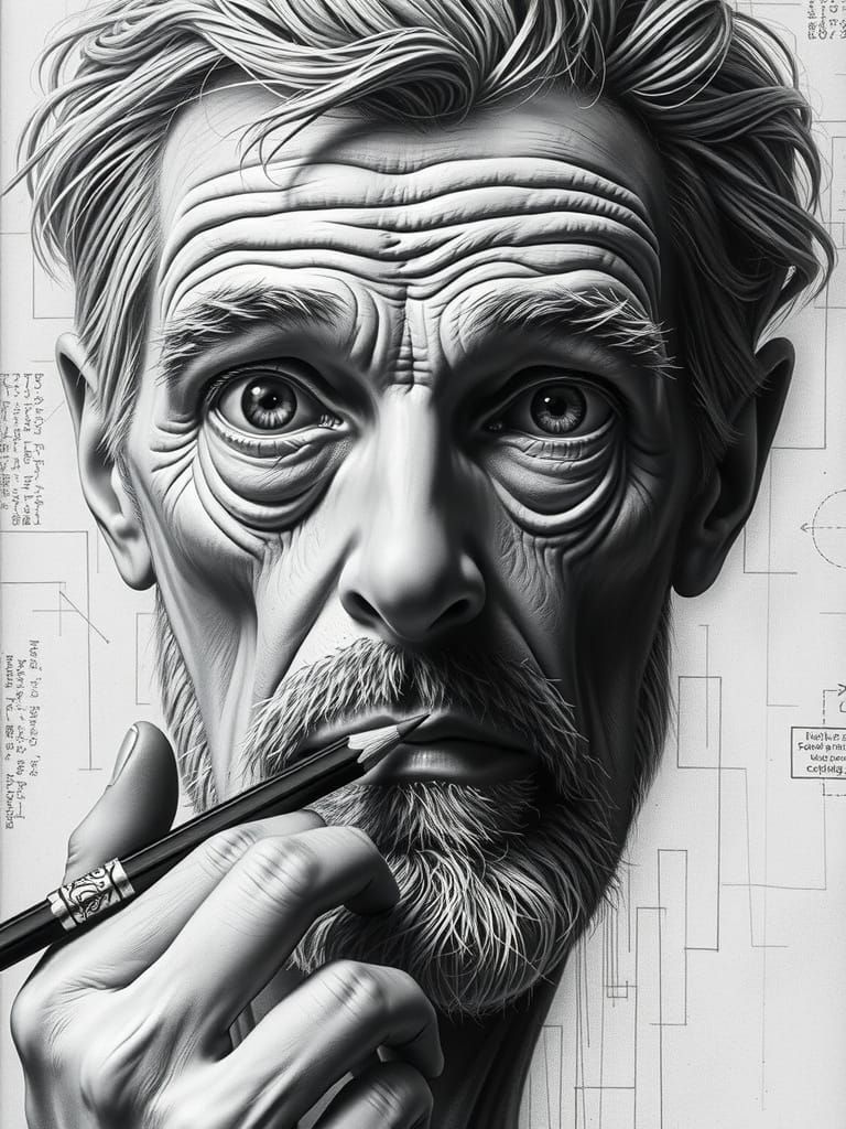 Spooky grayscale portrait of Escher drawing his face with pe...