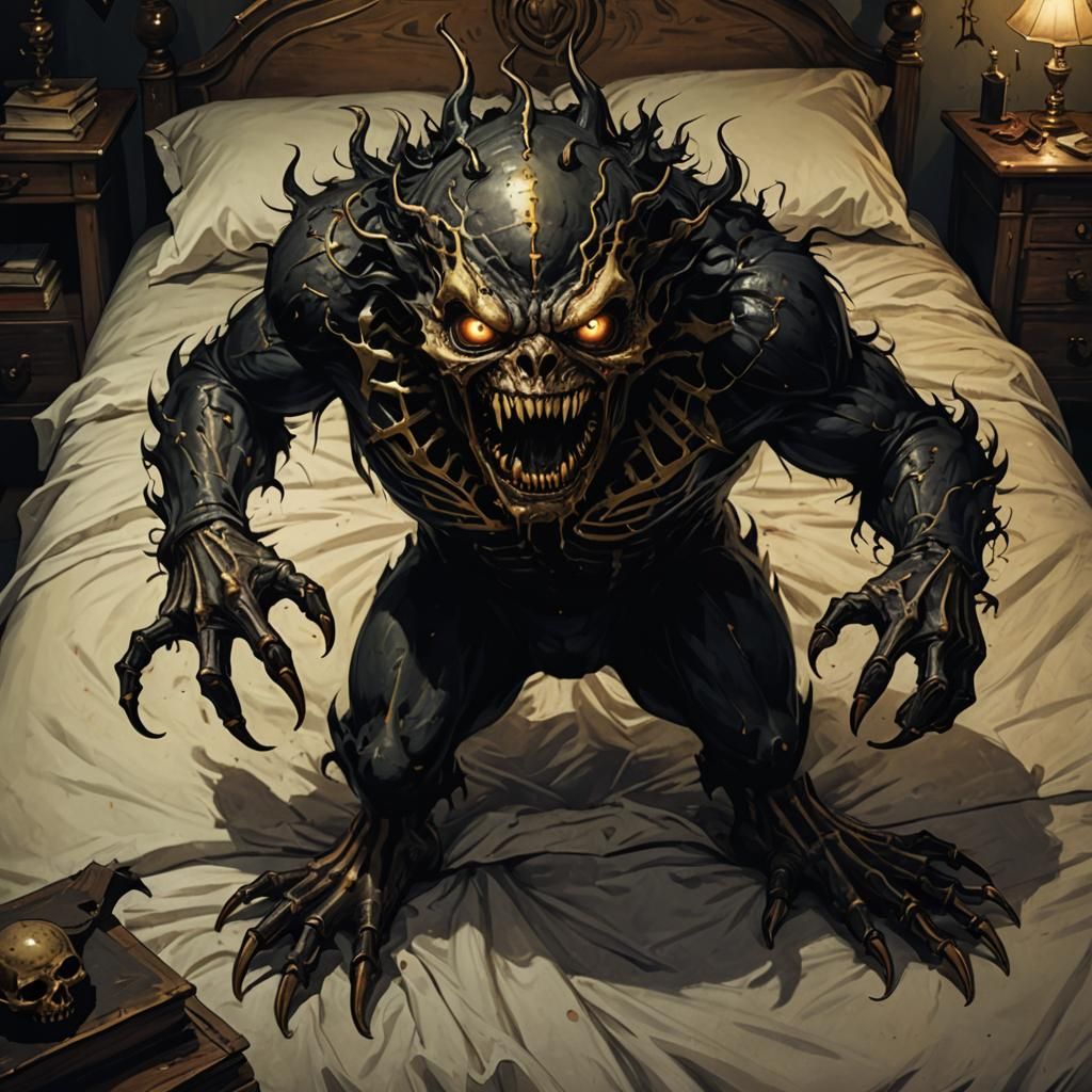 Dark, Ominous Creature Emerges from Under Bed in a Haunting....