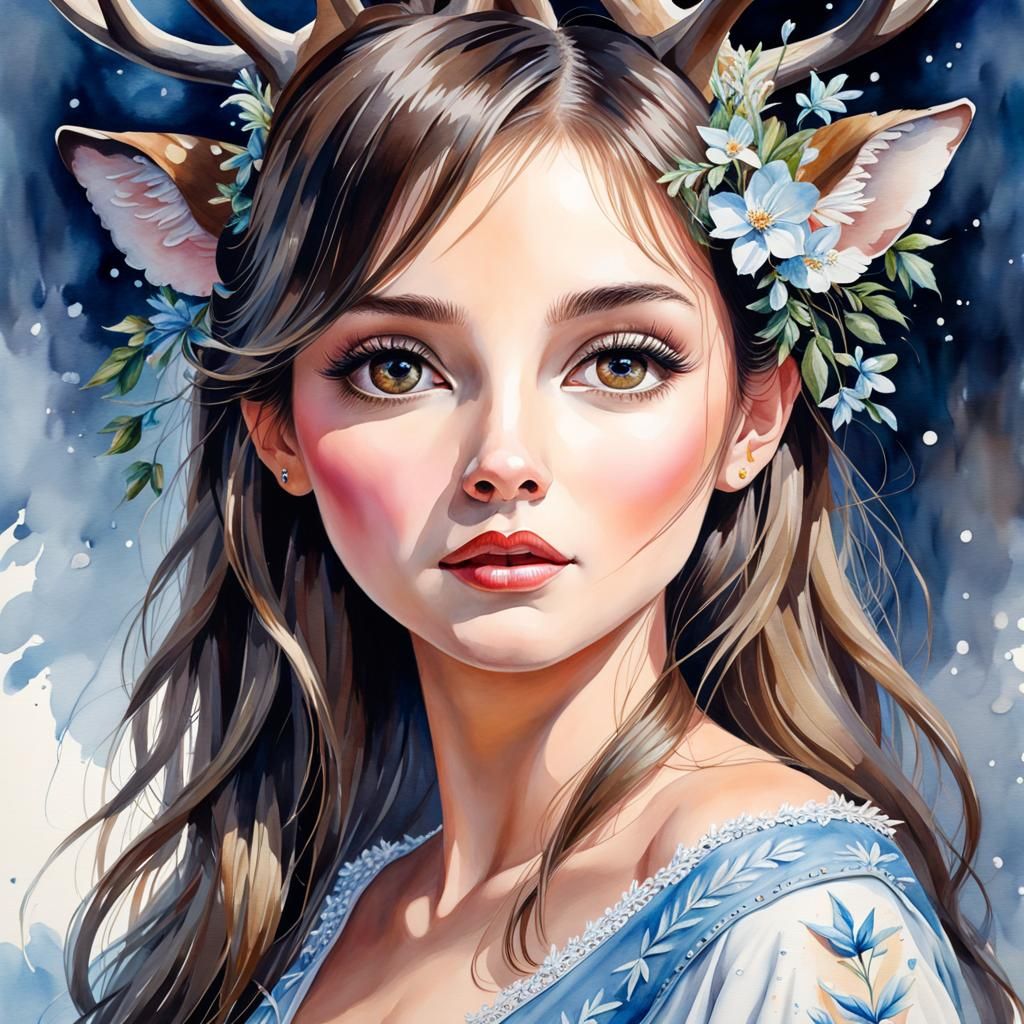 Watercolor Portrait of a Majestic Deer in Hyperrealistic Sty...